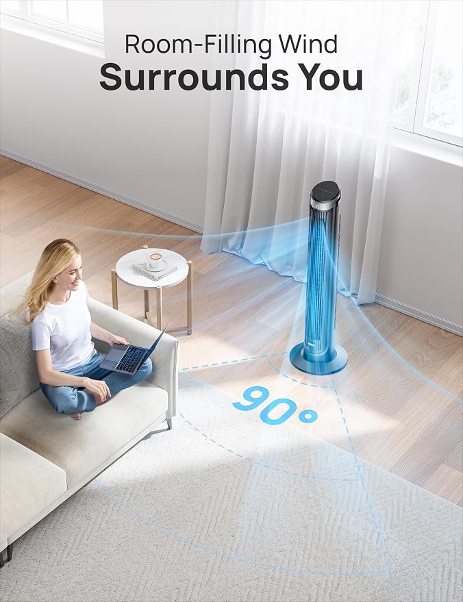 Tower Fan for Bedroom, 90° Oscillating Fans that Blow Cold Air, 5 Speeds, 4 Modes with 26ft/s Velocity, 12H & 28dB Quiet