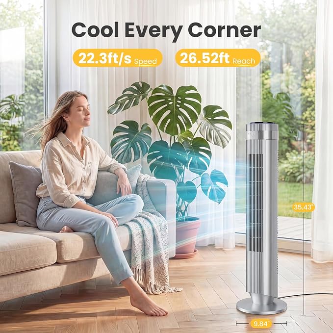 Tower Fan for Bedroom, Oscillating Standing Bladeless Fan with Remote, 5 Speeds & 4 Modes, 28dB Quiet for Sleep, 22.3ft/s