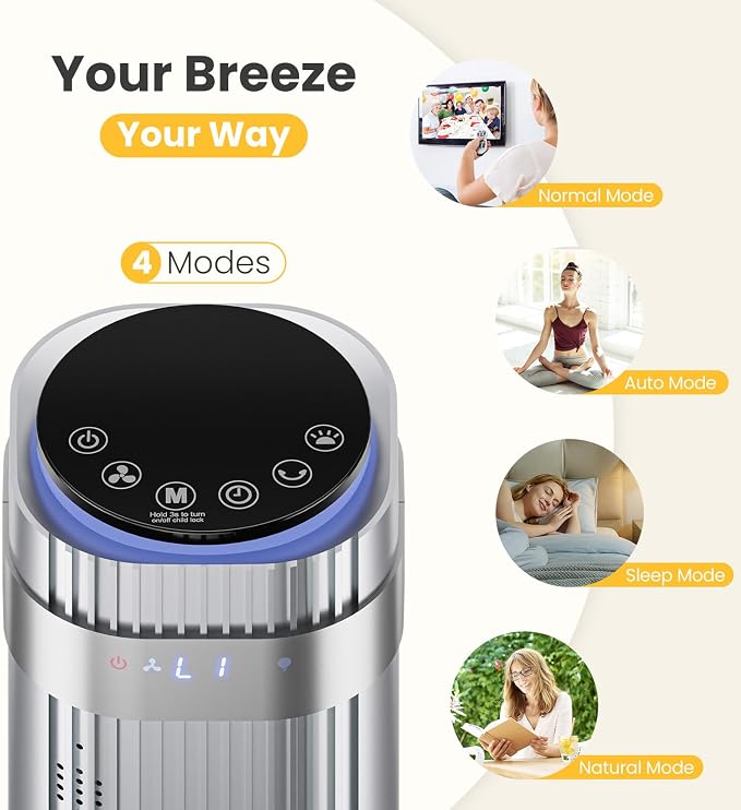 Tower Fan for Bedroom, Oscillating Standing Bladeless Fan with Remote, 5 Speeds & 4 Modes, 28dB Quiet for Sleep, 22.3ft/s
