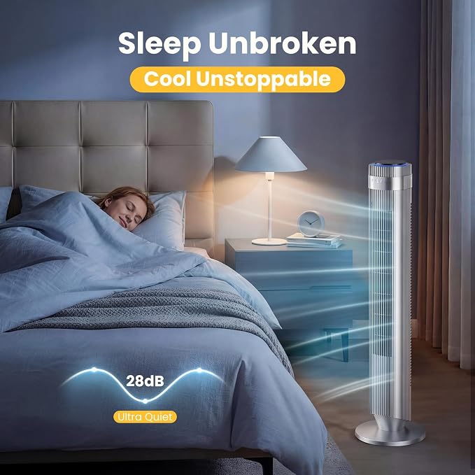 Tower Fan for Bedroom, Oscillating Standing Bladeless Fan with Remote, 5 Speeds & 4 Modes, 28dB Quiet for Sleep, 22.3ft/s