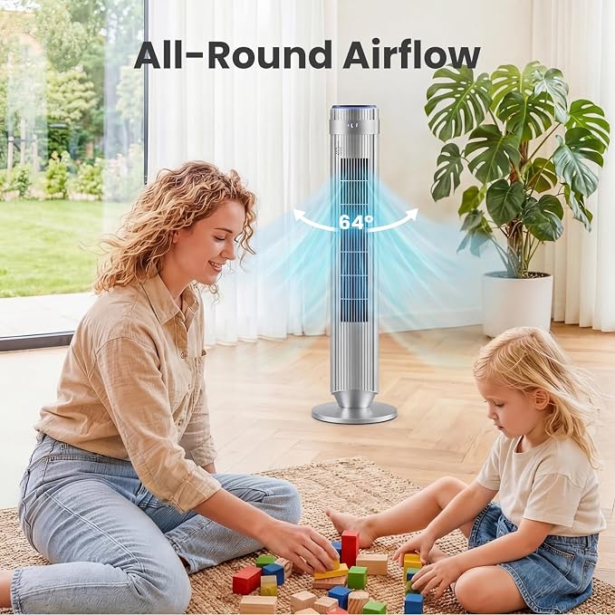 Tower Fan for Bedroom, Oscillating Standing Bladeless Fan with Remote, 5 Speeds & 4 Modes, 28dB Quiet for Sleep, 22.3ft/s