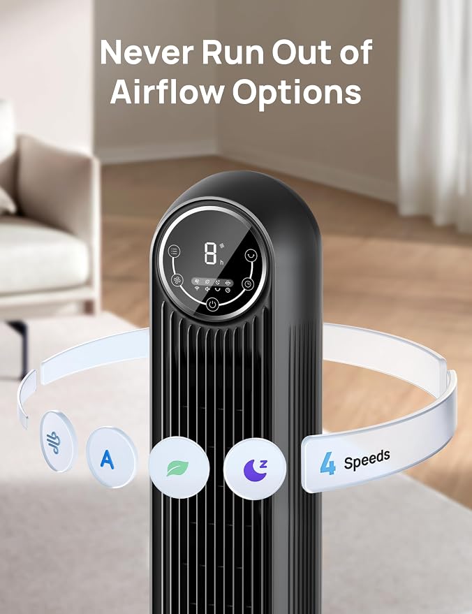 Tower Fan for Bedroom, Smart Oscillating Quiet Floor Fans, Standing Bladeless Fan with Remote and WiFi Voice Control, 4