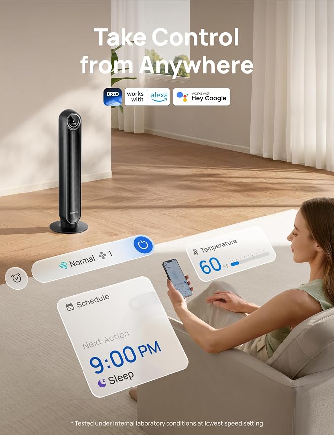 Tower Fan for Bedroom, Smart Oscillating Quiet Floor Fans, Standing Bladeless Fan with Remote and WiFi Voice Control, 4