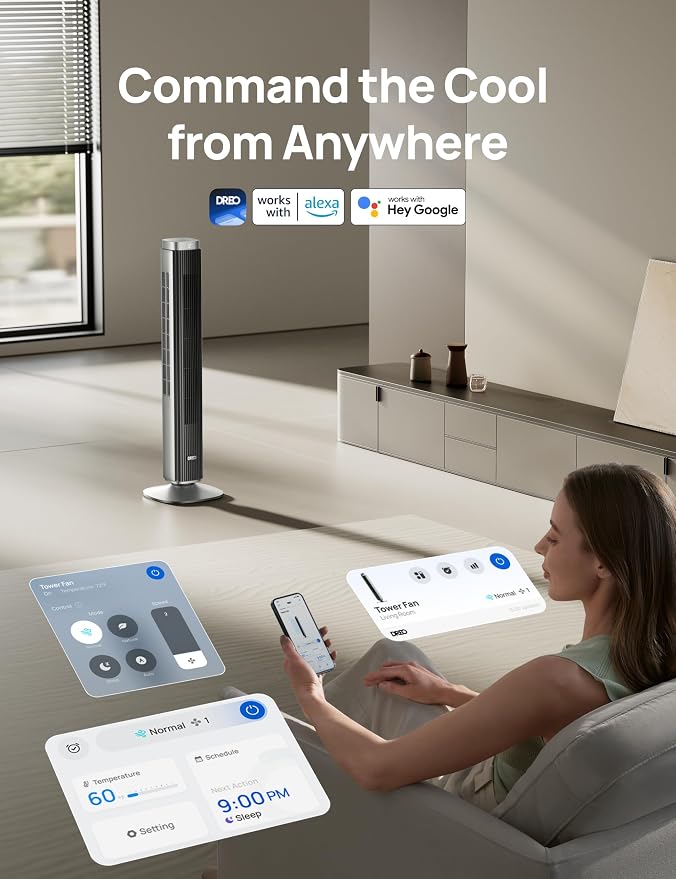 Tower Fan for Bedroom, Standing Oscillating Fan with 40ft Far Airflow, 20dB Quiet, 12 Speeds, 28ft/s Velocity, Smart Control