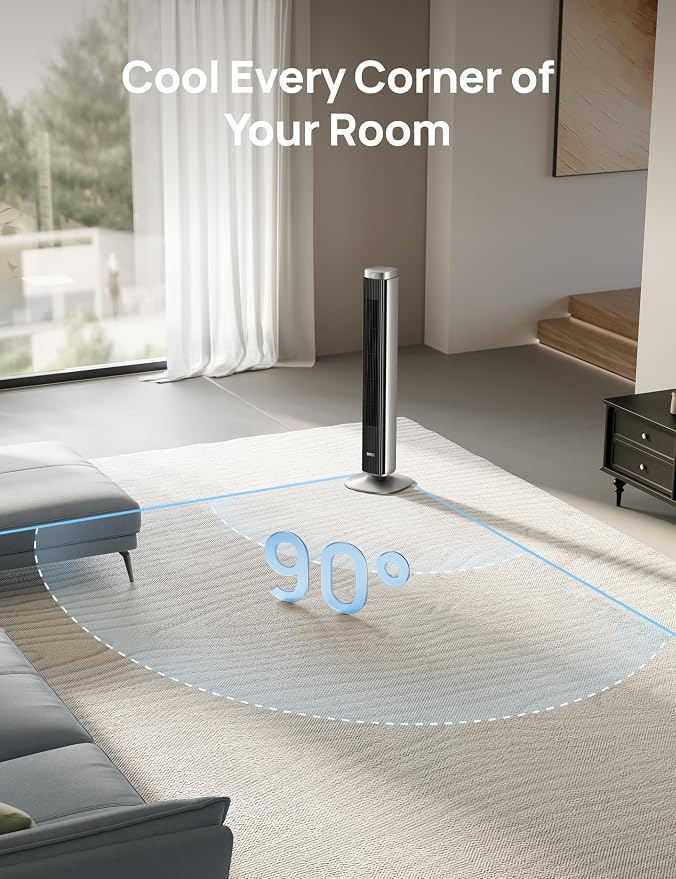 Tower Fan for Bedroom, Standing Oscillating Fan with 40ft Far Airflow, 20dB Quiet, 12 Speeds, 28ft/s Velocity, Smart Control
