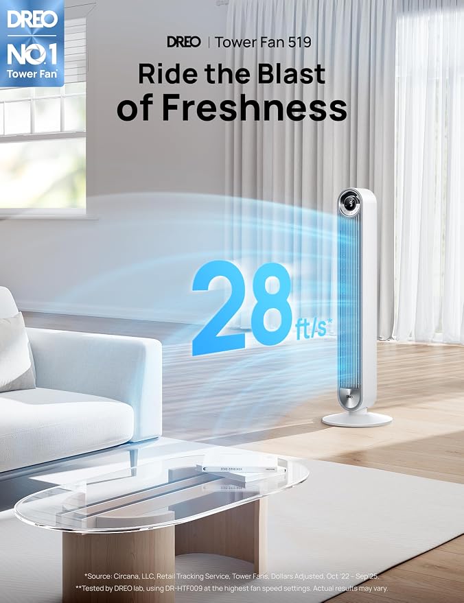 Tower Fan for Bedroom, Upgrated DC 9 Speeds Ultra-Quiet Floor Fan, 90° Oscillating Fans for Indoors with 28ft/s Velocity, 12H