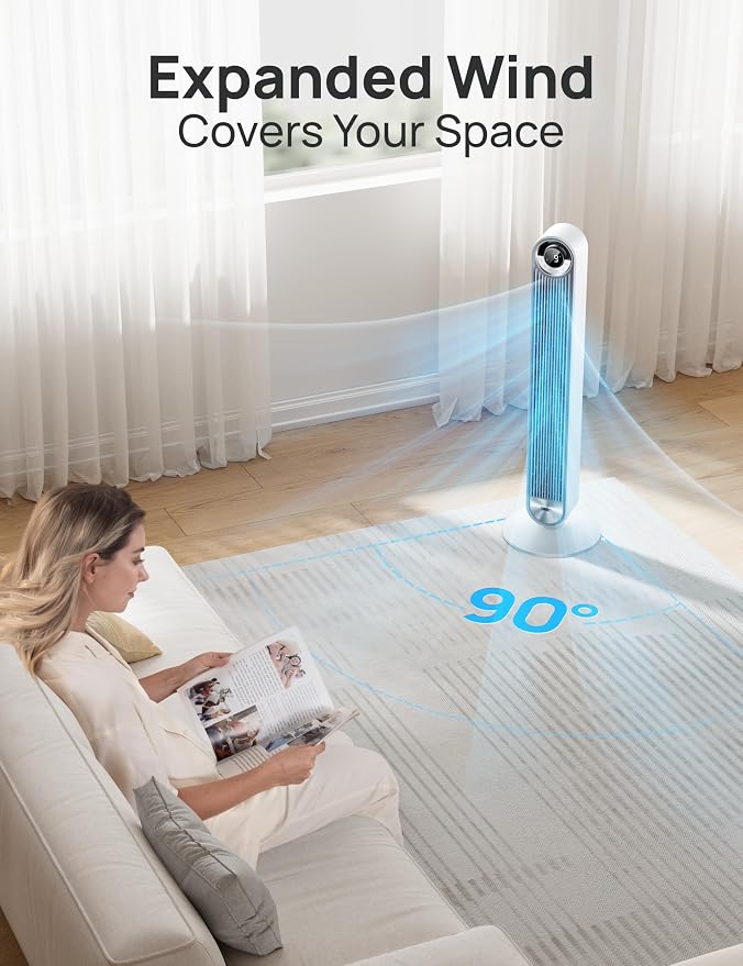 Tower Fan for Bedroom, Upgrated DC 9 Speeds Ultra-Quiet Floor Fan, 90° Oscillating Fans for Indoors with 28ft/s Velocity, 12H