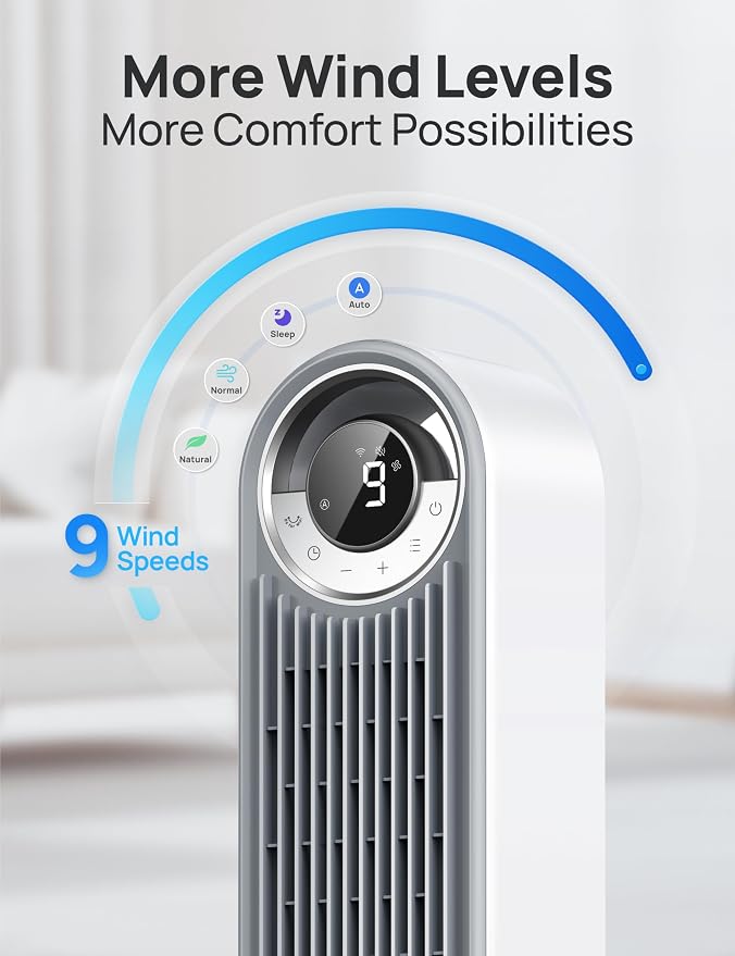 Tower Fan for Bedroom, Upgrated DC 9 Speeds Ultra-Quiet Floor Fan, 90° Oscillating Fans for Indoors with 28ft/s Velocity, 12H