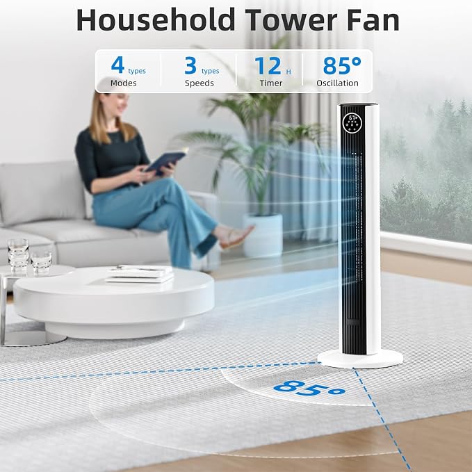 Tower Fan Portable Floor Fans 85°Oscillating Fan Quiet Cooling 12H Timer Remote Control Standing Bladeless Electric 3 Wind
