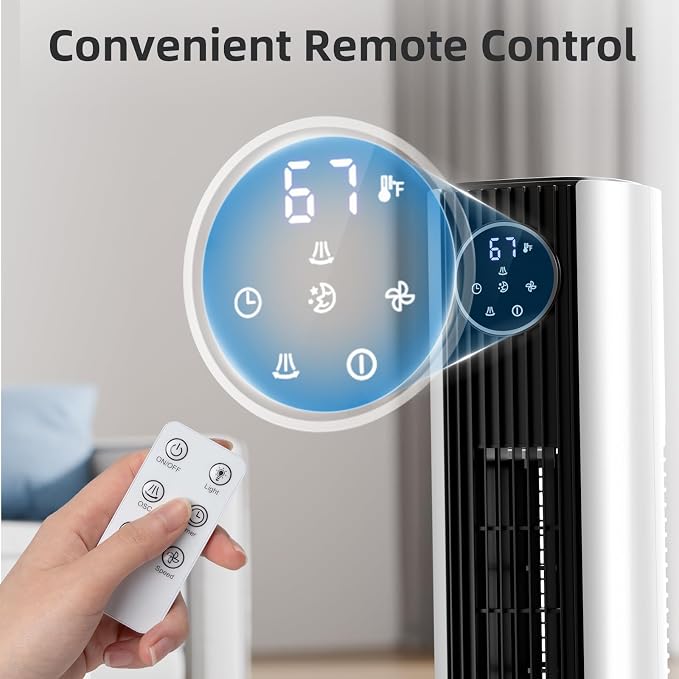 Tower Fan Portable Floor Fans 85°Oscillating Fan Quiet Cooling 12H Timer Remote Control Standing Bladeless Electric 3 Wind