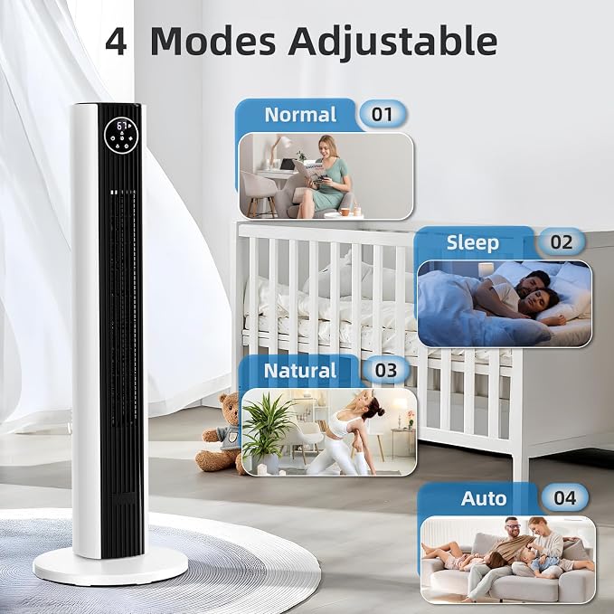 Tower Fan Portable Floor Fans 85°Oscillating Fan Quiet Cooling 12H Timer Remote Control Standing Bladeless Electric 3 Wind