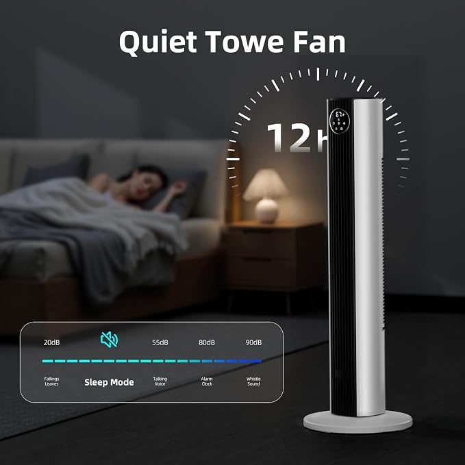 Tower Fan Portable Floor Fans 85°Oscillating Fan Quiet Cooling 12H Timer Remote Control Standing Bladeless Electric 3 Wind