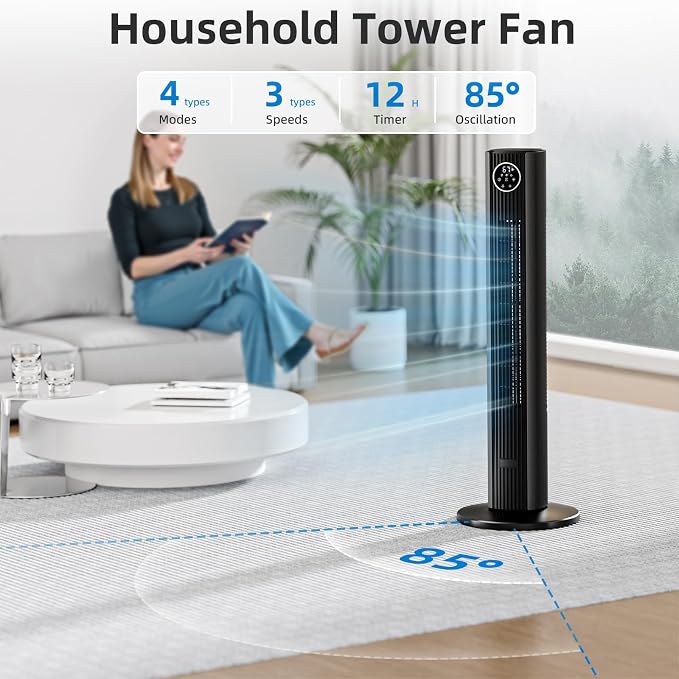 Tower Fan Portable Floor Fans 85°Oscillating Fan Quiet Cooling 12H Timer Remote Control Standing Bladeless Electric 3 Wind