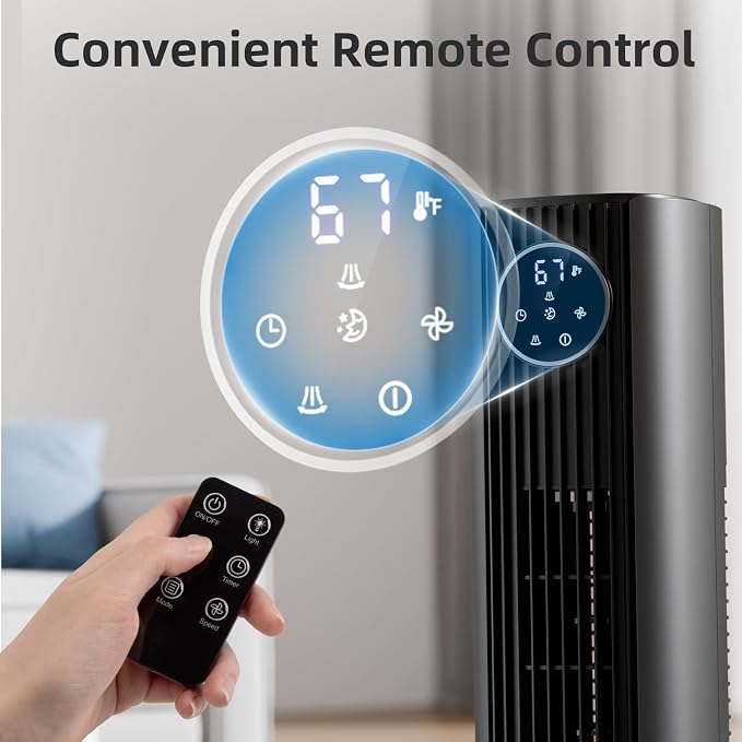 Tower Fan Portable Floor Fans 85°Oscillating Fan Quiet Cooling 12H Timer Remote Control Standing Bladeless Electric 3 Wind