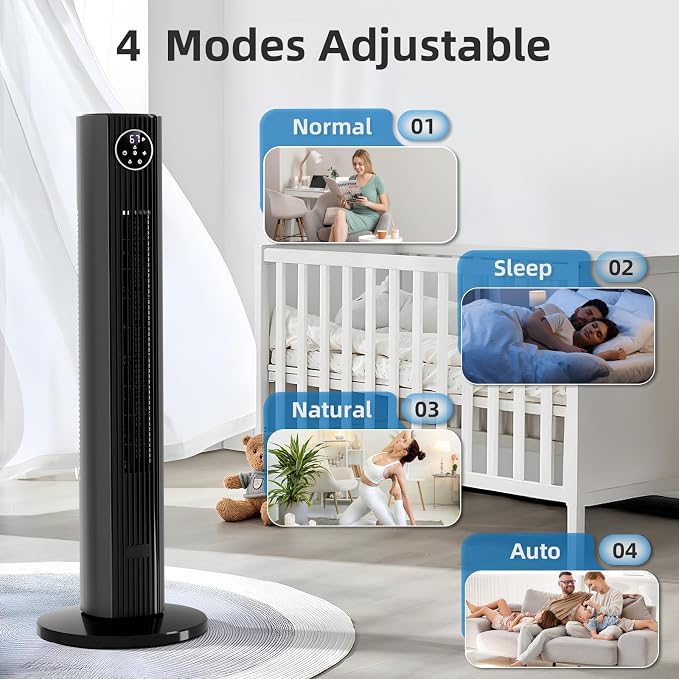Tower Fan Portable Floor Fans 85°Oscillating Fan Quiet Cooling 12H Timer Remote Control Standing Bladeless Electric 3 Wind