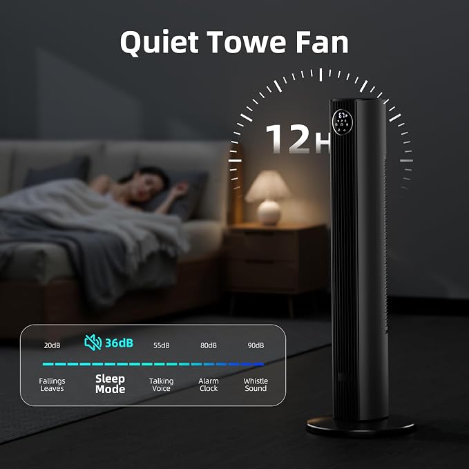 Tower Fan Portable Floor Fans 85°Oscillating Fan Quiet Cooling 12H Timer Remote Control Standing Bladeless Electric 3 Wind
