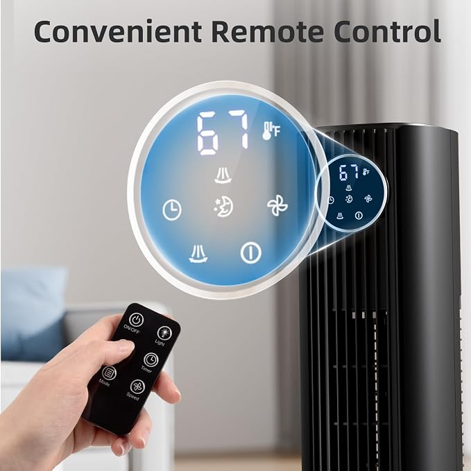 Tower Fan Portable Floor Fans 85°Oscillating Fan Quiet Cooling 12H Timer Remote Control Standing Bladeless Electric 3 Wind