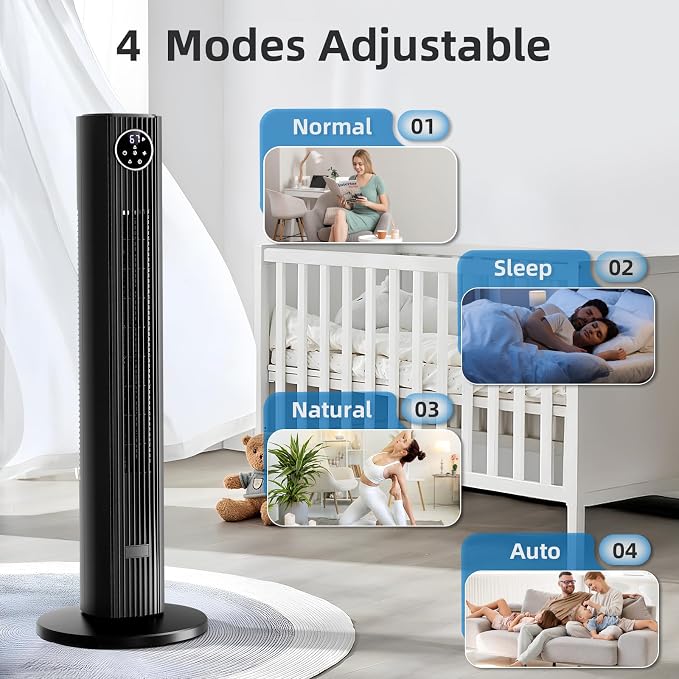 Tower Fan Portable Floor Fans 85°Oscillating Fan Quiet Cooling 12H Timer Remote Control Standing Bladeless Electric 3 Wind
