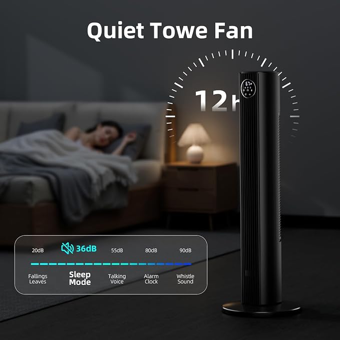 Tower Fan Portable Floor Fans 85°Oscillating Fan Quiet Cooling 12H Timer Remote Control Standing Bladeless Electric 3 Wind