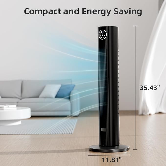 Tower Fan Portable Floor Fans 85°Oscillating Fan Quiet Cooling 12H Timer Remote Control Standing Bladeless Electric 3 Wind