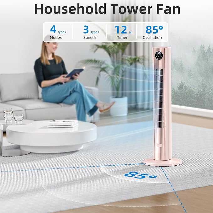 Tower Fan Portable Floor Fans 85°Oscillating Fan Quiet Cooling 12H Timer Remote Control Standing Bladeless, alternate view 3