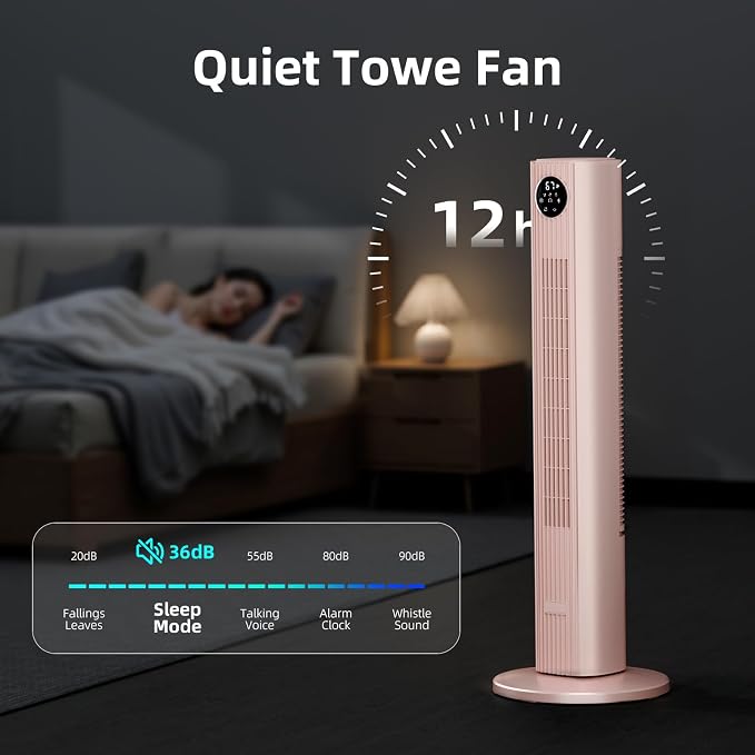 Tower Fan Portable Floor Fans 85°Oscillating Fan Quiet Cooling 12H Timer Remote Control Standing Bladeless, alternate view 7