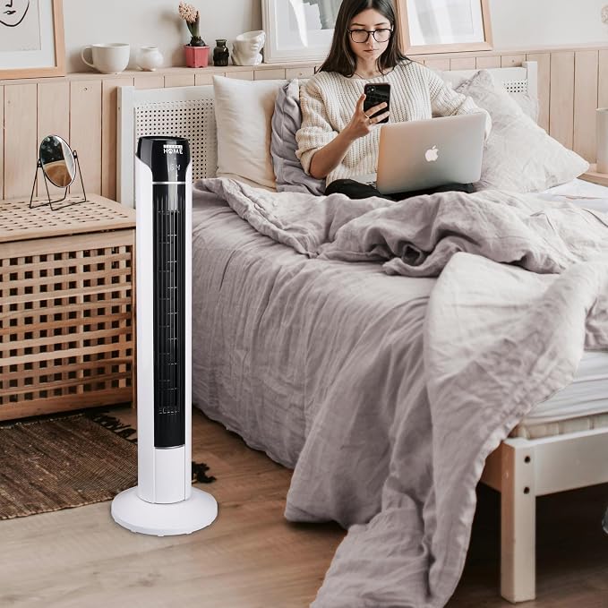 Tower Fan with Remote, Standing Fan for Bedroom with 3 Wind Modes and Speeds, LED Display, 15 Hour Sleep Timer, alternate