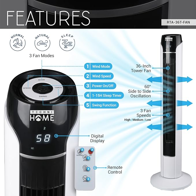 Tower Fan with Remote, Standing Fan for Bedroom with 3 Wind Modes and Speeds, LED Display, 15 Hour Sleep Timer, alternate