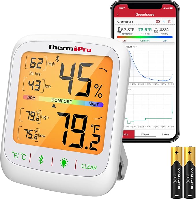 TP359 Bluetooth Hygrometer Thermometer, 260FT Wireless Remote Temperature and Humidity Monitor, with Large Backlit LCD