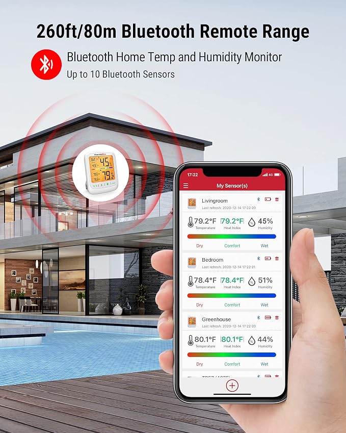 TP359 Bluetooth Hygrometer Thermometer, 260FT Wireless Remote Temperature and Humidity Monitor, with Large Backlit LCD
