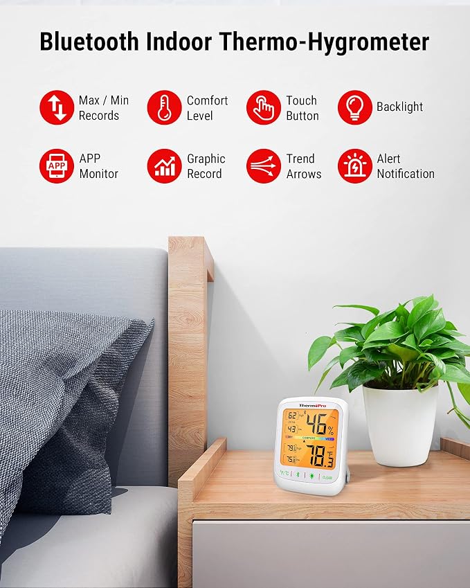TP359 Bluetooth Hygrometer Thermometer, 260FT Wireless Remote Temperature and Humidity Monitor, with Large Backlit LCD