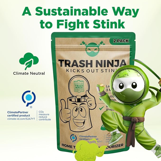Trash Ninja Trash Can Deodorizer and Odor Eliminator (2 Pack) for Indoor Trash Cans Up to 10 Gallons, Made with Natural