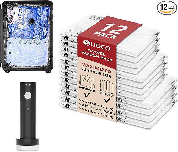 Travel Vacuum Bags for Clothing with Rechargeable Electric Pump, Compression Packing Cubes Organizer Storage for Luggage