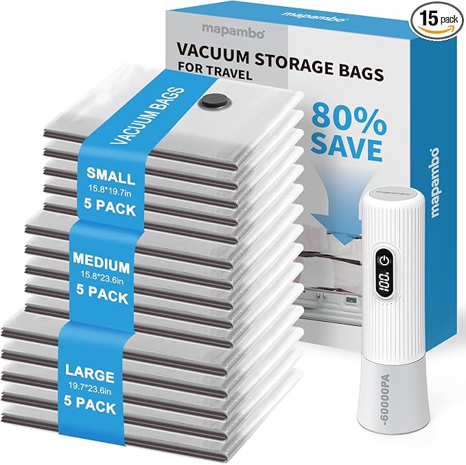 Travel Vacuum Bags with -60000Pa LED Electric Pump, 15 Pack Vacuum Seal Bags for Clothing Travel in 3 Combo sizes, Space