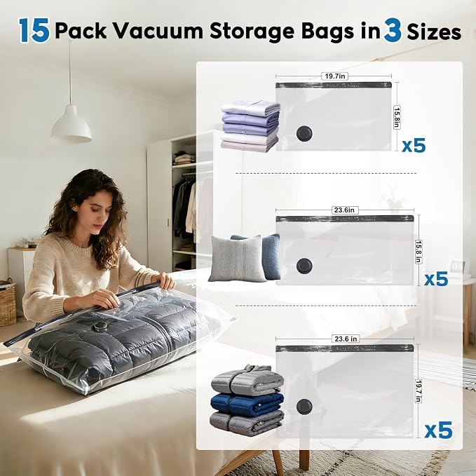 Travel Vacuum Bags with -60000Pa LED Electric Pump, 15 Pack Vacuum Seal Bags for Clothing Travel in 3 Combo sizes, Space