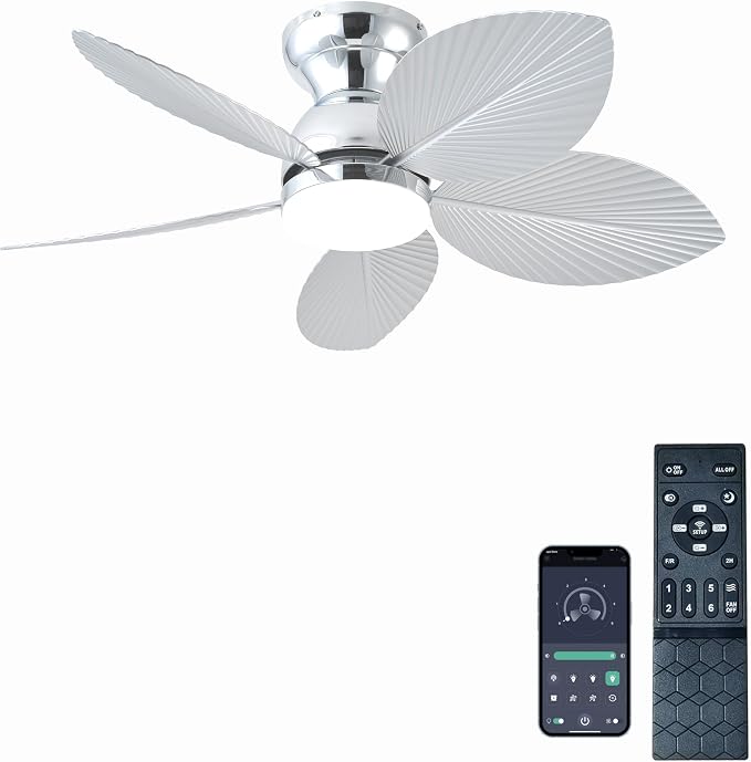 Tropical Ceiling Fans with Light, 38-inch Flush Mount Palm Leaf Ceiling Fans for Bedrooms, Indoors and Outdoors, Remote