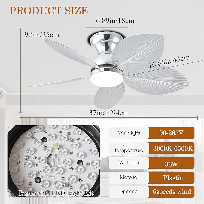 Tropical Ceiling Fans with Light, 38-inch Flush Mount Palm Leaf Ceiling Fans for Bedrooms, Indoors and Outdoors, Remote
