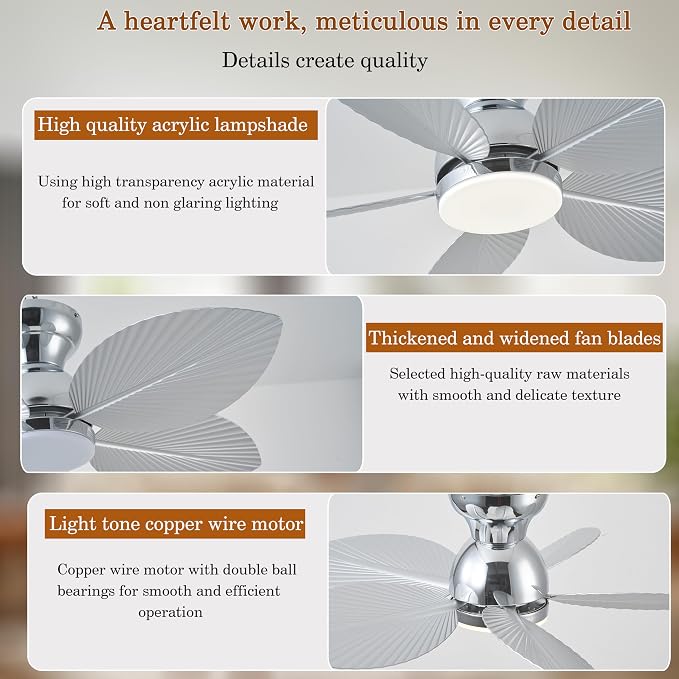 Tropical Ceiling Fans with Light, 38-inch Flush Mount Palm Leaf Ceiling Fans for Bedrooms, Indoors and Outdoors, Remote