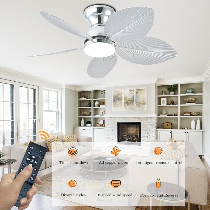 Tropical Ceiling Fans with Light, 38-inch Flush Mount Palm Leaf Ceiling Fans for Bedrooms, Indoors and Outdoors, Remote
