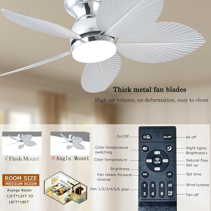 Tropical Ceiling Fans with Light, 38-inch Flush Mount Palm Leaf Ceiling Fans for Bedrooms, Indoors and Outdoors, Remote