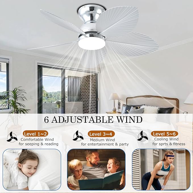 Tropical Ceiling Fans with Light, 38-inch Flush Mount Palm Leaf Ceiling Fans for Bedrooms, Indoors and Outdoors, Remote