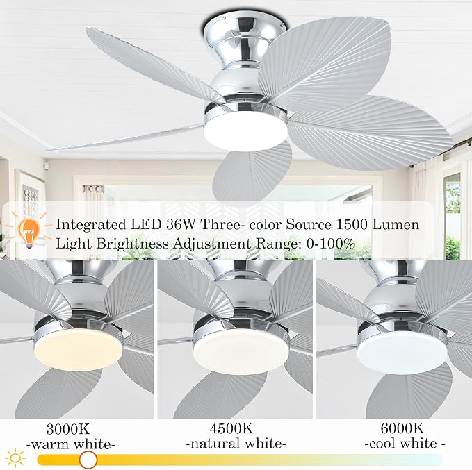 Tropical Ceiling Fans with Light, 38-inch Flush Mount Palm Leaf Ceiling Fans for Bedrooms, Indoors and Outdoors, Remote