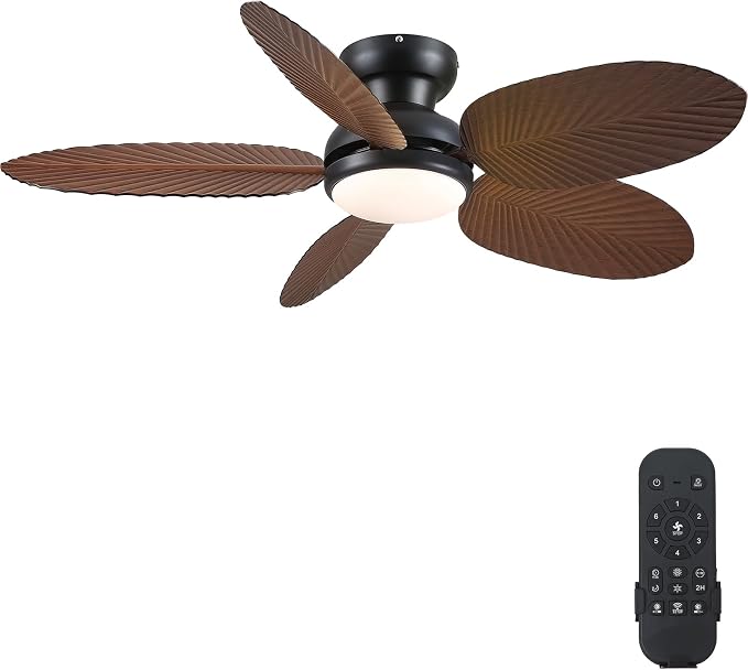 Tropical Ceiling Fans with Lights and Remote/APP Control, 45 Inch Low Profile Flush Mount Ceiling Fans, Palm Leaf Ceiling Fan