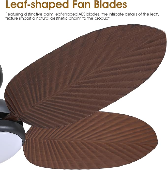 Tropical Ceiling Fans with Lights and Remote/APP Control, 45 Inch Low Profile Flush Mount Ceiling Fans, Palm Leaf Ceiling Fan