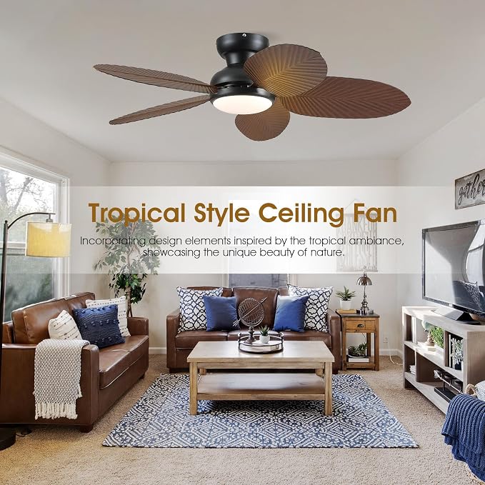 Tropical Ceiling Fans with Lights and Remote/APP Control, 45 Inch Low Profile Flush Mount Ceiling Fans, Palm Leaf Ceiling Fan