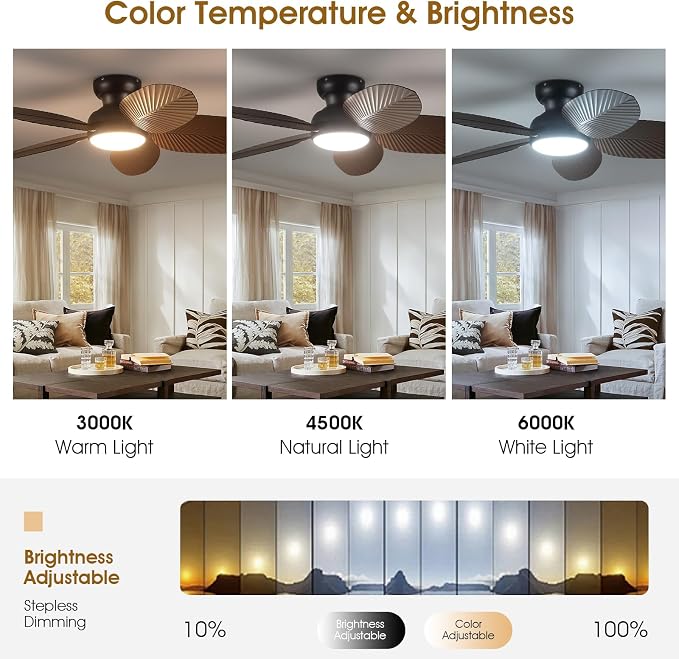 Tropical Ceiling Fans with Lights and Remote/APP Control, 45 Inch Low Profile Flush Mount Ceiling Fans, Palm Leaf Ceiling Fan