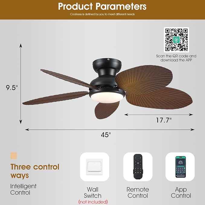 Tropical Ceiling Fans with Lights and Remote/APP Control, 45 Inch Low Profile Flush Mount Ceiling Fans, Palm Leaf Ceiling Fan