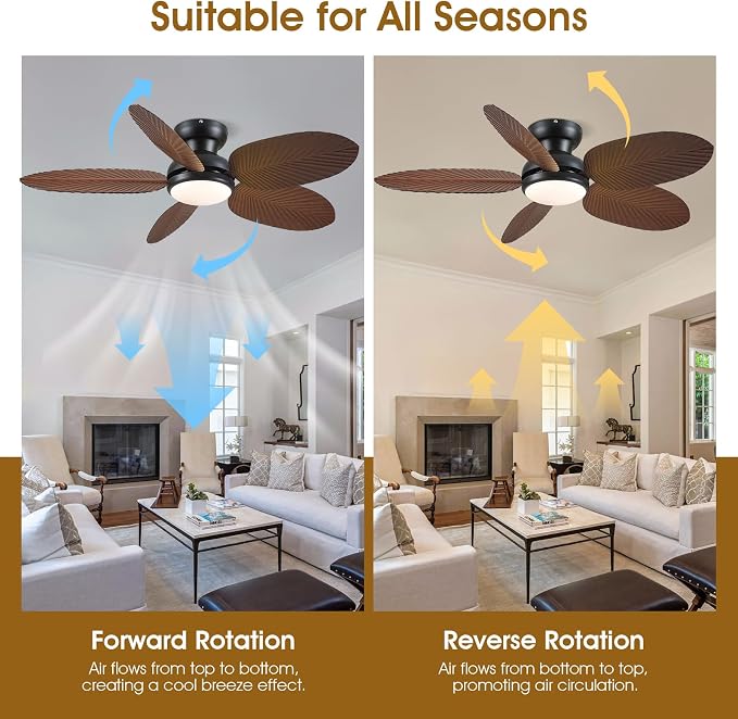 Tropical Ceiling Fans with Lights and Remote/APP Control, 45 Inch Low Profile Flush Mount Ceiling Fans, Palm Leaf Ceiling Fan