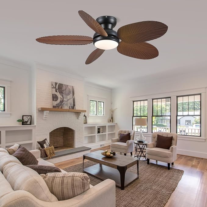 Tropical Ceiling Fans with Lights and Remote/APP Control, 45 Inch Low Profile Flush Mount Ceiling Fans, Palm Leaf Ceiling Fan