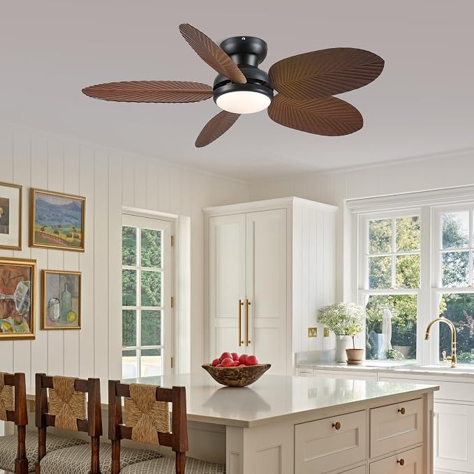 Tropical Ceiling Fans with Lights and Remote/APP Control, 45 Inch Low Profile Flush Mount Ceiling Fans, Palm Leaf Ceiling Fan